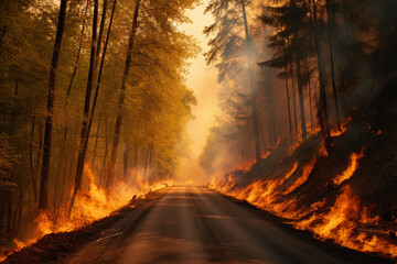 Forest fire with smoke near the edge of the highway, created with Generative AI Technology