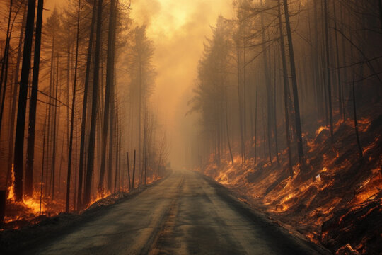 Forest fire with smoke near the edge of the highway, created with Generative AI Technology © Ekaterina Shvaygert