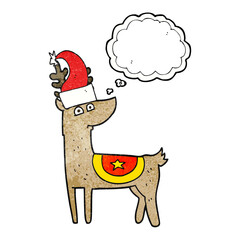 freehand drawn thought bubble textured cartoon reindeer wearing christmas hat