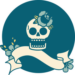 tattoo style icon with banner of a skull and rose