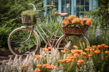 Fototapeta premium Classic vintage garden bicycle filled with flower, created with Generative AI Technology