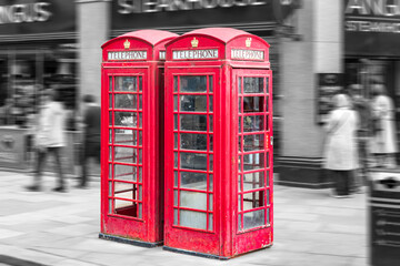 colorkey of two red vintage phone boxes in london great britain