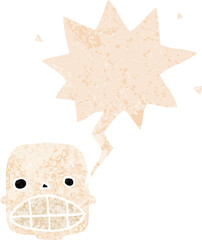 cartoon skull with speech bubble in grunge distressed retro textured style