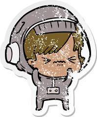distressed sticker of a cartoon astronaut woman