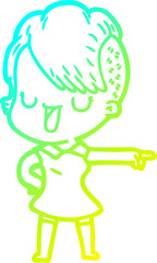 cold gradient line drawing of a cute cartoon girl with hipster haircut