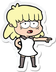 sticker of a cartoon tired woman pointing