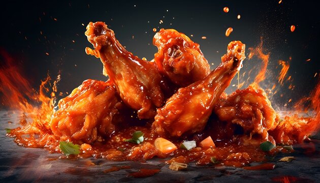 Grilled chicken wings with sauce exploding behind