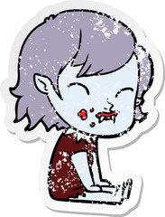 distressed sticker of a cartoon vampire girl with blood on cheek