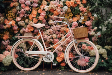Fototapeta na wymiar Classic vintage garden bicycle filled with flower, created with Generative AI Technology