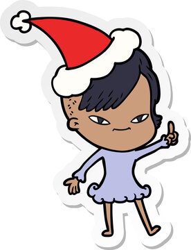 cute hand drawn sticker cartoon of a girl with hipster haircut wearing santa hat