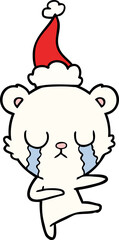 crying polar bear hand drawn line drawing of a wearing santa hat