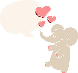 cartoon elephant with love hearts with speech bubble in retro style