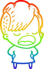 rainbow gradient line drawing of a cartoon cool hipster girl talking