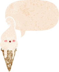 cartoon ice cream with speech bubble in grunge distressed retro textured style