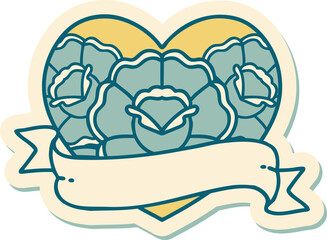 sticker of tattoo in traditional style of a heart and banner with flowers