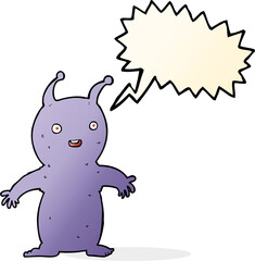 cartoon happy little alien with speech bubble