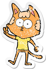 distressed sticker of a happy cartoon cat giving peace sign