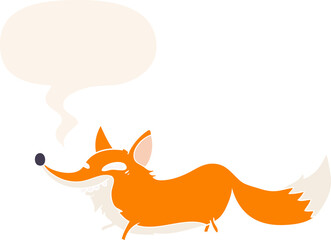 cute cartoon sly fox with speech bubble in retro style