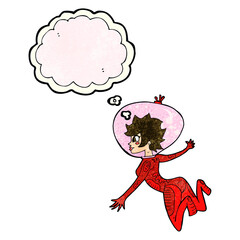 cartoon space woman with thought bubble