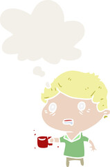 cartoon man with cup of coffee with thought bubble in retro style
