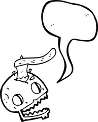freehand drawn speech bubble cartoon axe in skull