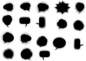 empty comic retro speech bubbles with black halftone background