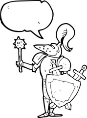 freehand drawn speech bubble cartoon medieval knight with shield