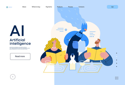 Artificial intelligence, Waiter -modern flat vector concept illustration of waiter AI taking order, giving advice on choosing in restaurant. Metaphor of AI advantage, superiority and dominance concept