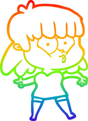 rainbow gradient line drawing of a cartoon whistling girl