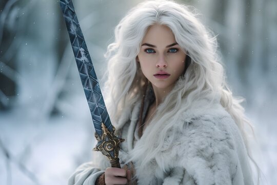 a woman with white hair holding a sword in the snowy forest. generative AI