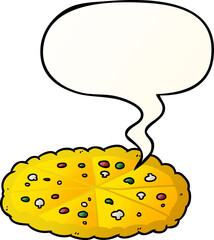 cartoon double cheese pizza with speech bubble in smooth gradient style
