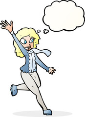 cartoon woman waving dressed for winter with thought bubble