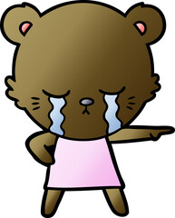 crying cartoon bear in dress pointing