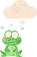 cute cartoon frog with thought bubble in grunge distressed retro textured style