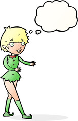 cartoon christmas elf woman with thought bubble