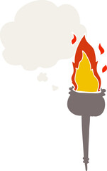 cartoon flaming chalice with thought bubble in retro style