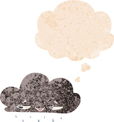 cartoon rain cloud with thought bubble in grunge distressed retro textured style