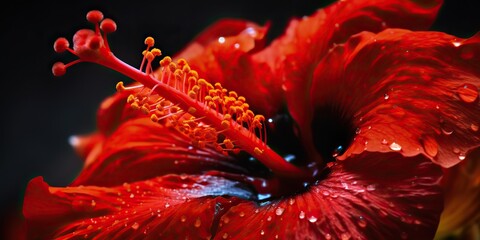 AI Generated. AI Generative. Macro shot illustration of red hibiscus flower open close. Graphic Art - obrazy, fototapety, plakaty