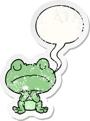 cartoon frog waiting patiently with speech bubble distressed distressed old sticker