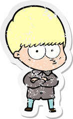 distressed sticker of a annoyed cartoon boy