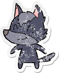 distressed sticker of a friendly cartoon wolf