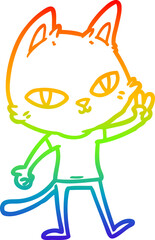 rainbow gradient line drawing of a cartoon cat waving