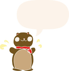 cartoon happy teddy bear with speech bubble in retro style