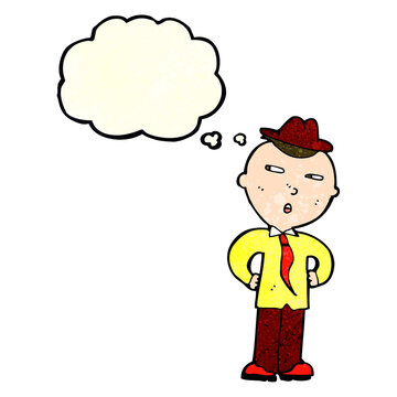 cartoon man wearing hat with thought bubble