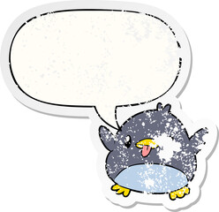 cute cartoon penguin with speech bubble distressed distressed old sticker
