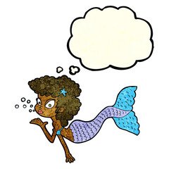 cartoon mermaid blowing kiss with thought bubble