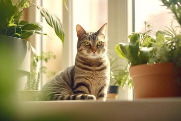 Tabby cat or british cat in city apartment. Domestic cat sits on the windowsill among indoor plants. Lifestyle with pets at home. Generative Ai content.