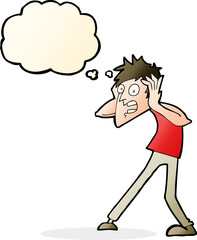 cartoon man panicking with thought bubble
