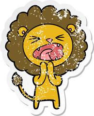 distressed sticker of a cartoon lion praying