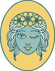 iconic tattoo style image of a maiden with crown of flowers winking